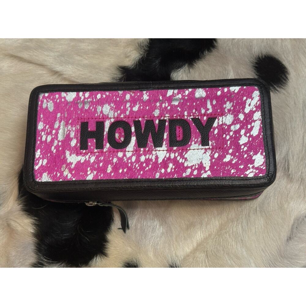 PINK Acid Wash HOWDY Hide & Leather Zip Travel Dresser Jewelry Box Cuff Case